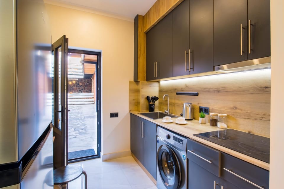 Kitchen or kitchenette, minibar, stove, washing machine