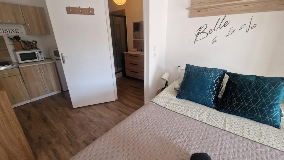 Bed, Kitchen or kitchenette, Bedroom, oven, pet friendly, stove, wardrobe