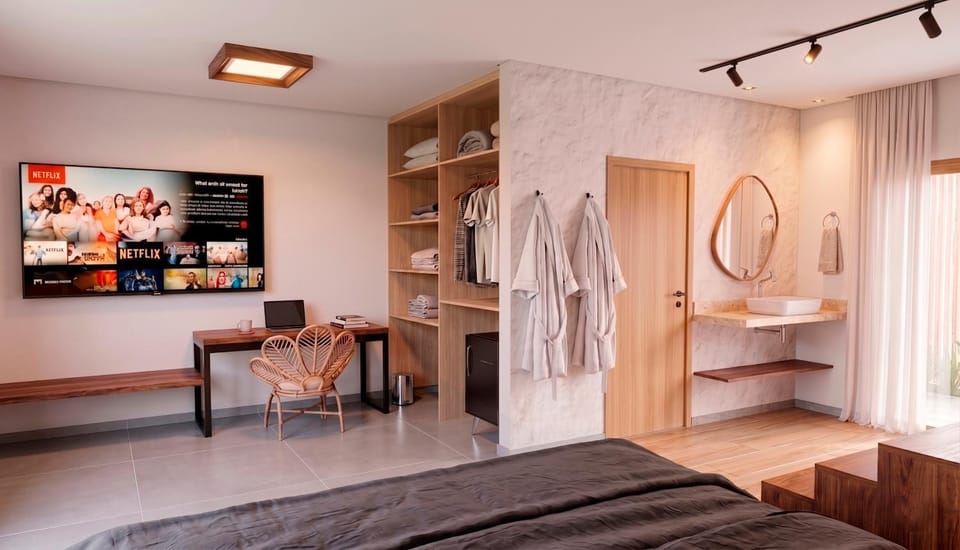 Photo of the whole room, Bedroom, towels, wardrobe