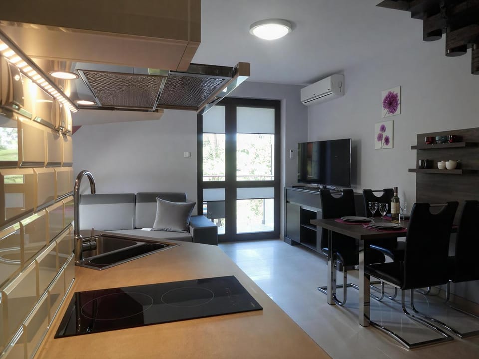 TV and multimedia, Kitchen or kitchenette, Living room, Seating area, Dining area, stove