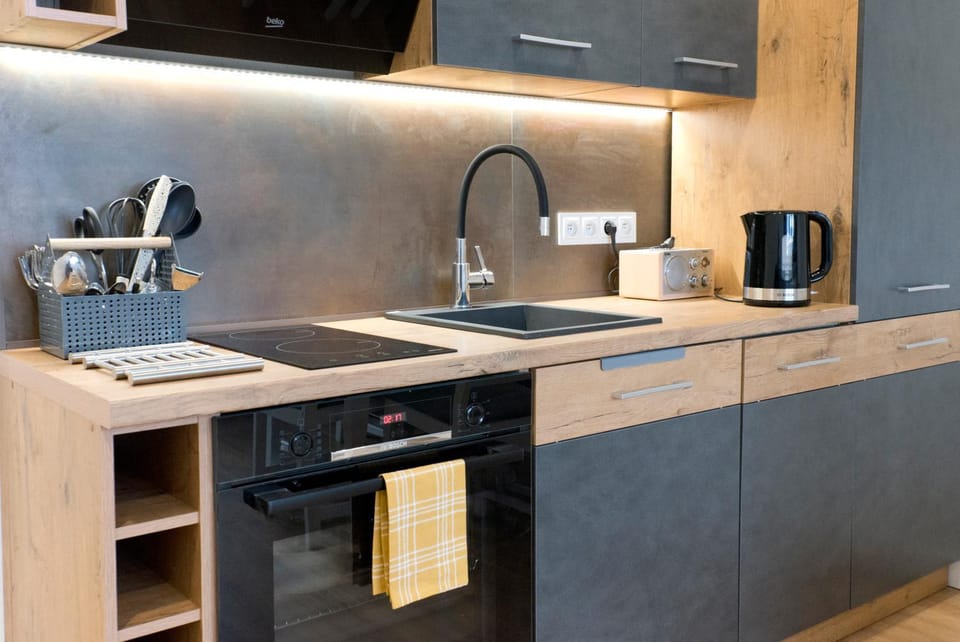 Kitchen or kitchenette, stove