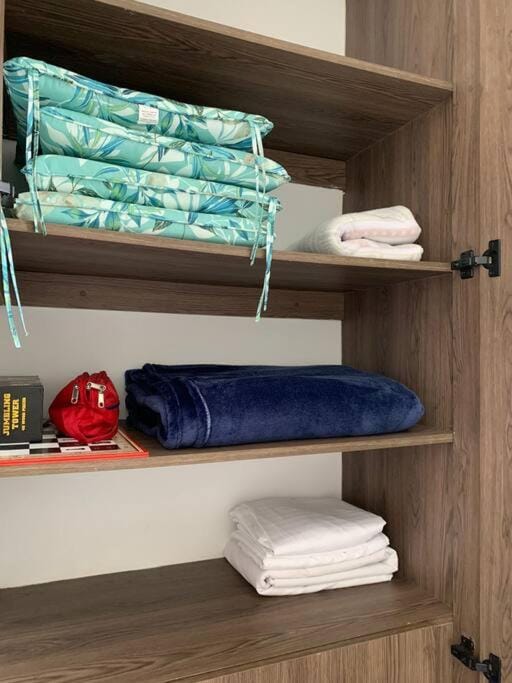 bunk bed, towels, wardrobe
