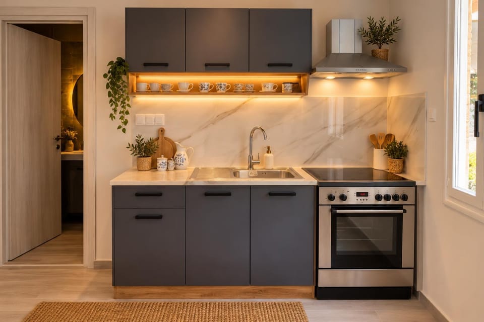 Kitchen or kitchenette, oven, stove