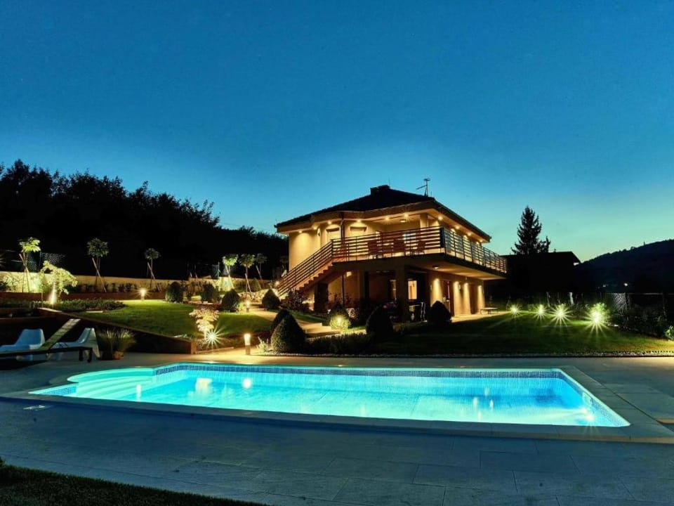 Property building, Night, Garden, Swimming pool