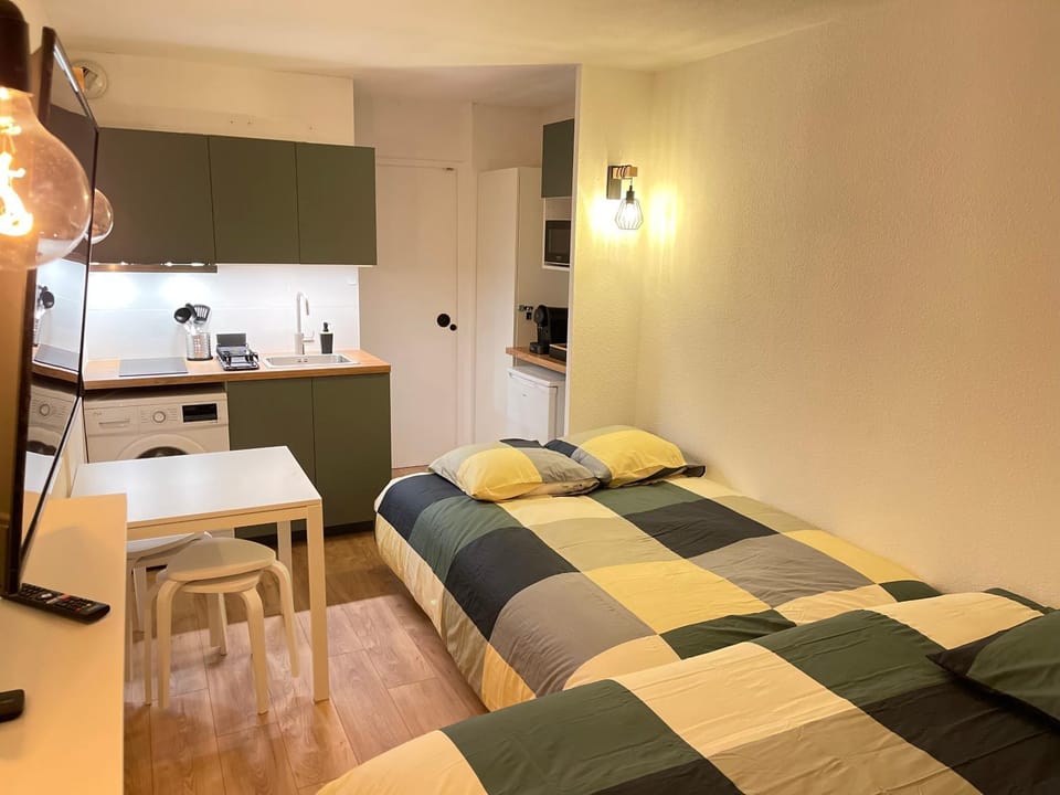 Bed, TV and multimedia, Kitchen or kitchenette, Living room, stove