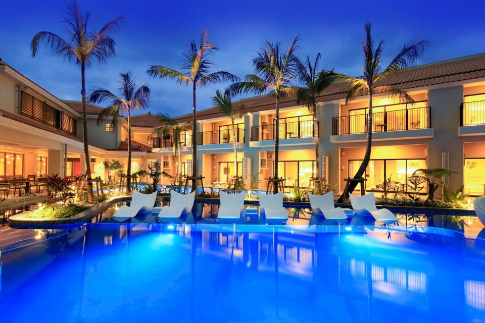 Property building, Night, Swimming pool
