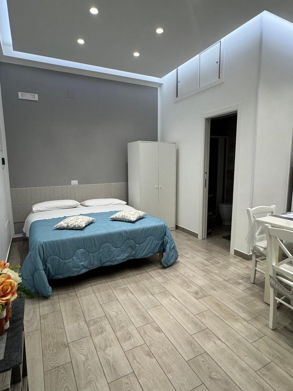 Bed, wardrobe