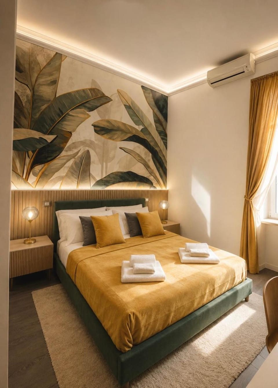 Bed, Photo of the whole room, Bedroom, towels, air conditioner