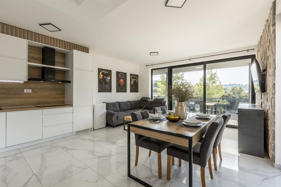 Kitchen or kitchenette, Living room, Dining area, stove