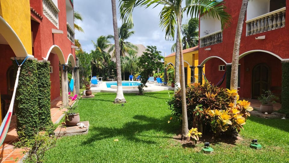 Property building, Patio, Patio, Day, Natural landscape, Garden, Garden view, Pool view, Swimming pool
