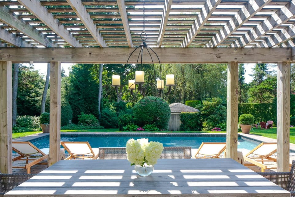 Patio, Garden, Living room, Seating area, Dining area, Garden view, Pool view, Swimming pool