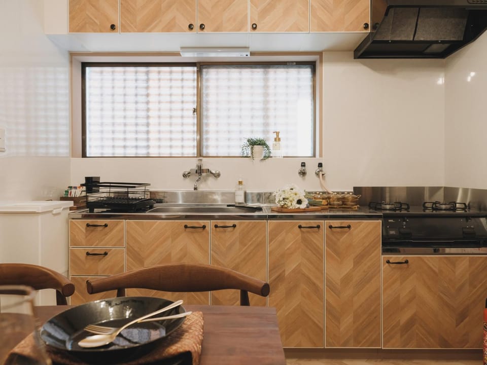Kitchen or kitchenette, stove