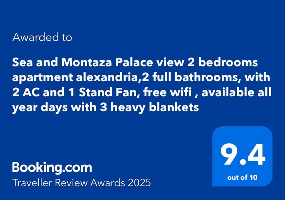 Sea and Montaza Palace view 2 bedrooms apartment alexandria,2 full bathrooms, with 2 AC and 1 Stand Fan, free wifi , available all year days with 3 heavy blankets Apartment in Alexandria