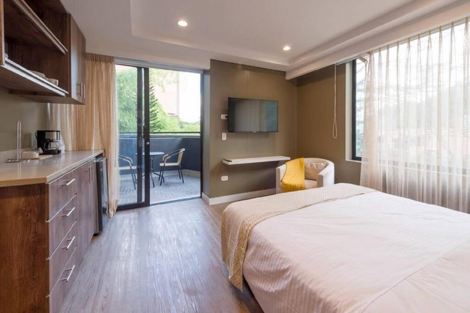 Bed, TV and multimedia, Balcony/Terrace, Kitchen or kitchenette, Photo of the whole room, Bedroom, kitchen