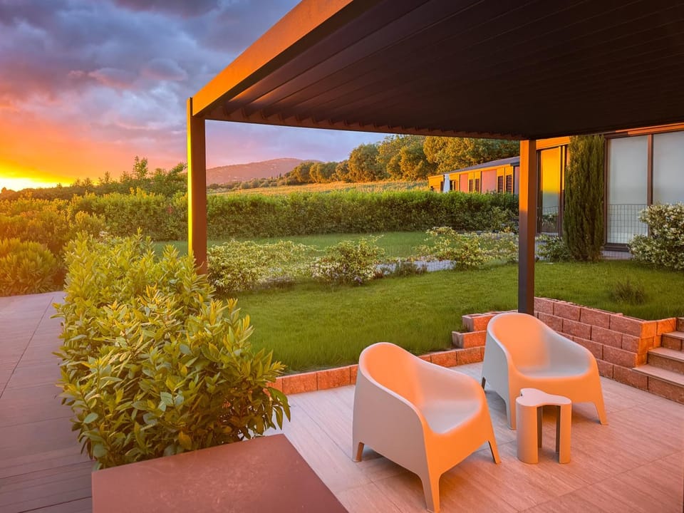 Patio, Natural landscape, Garden, Garden view, Mountain view, Sunset, sunbed