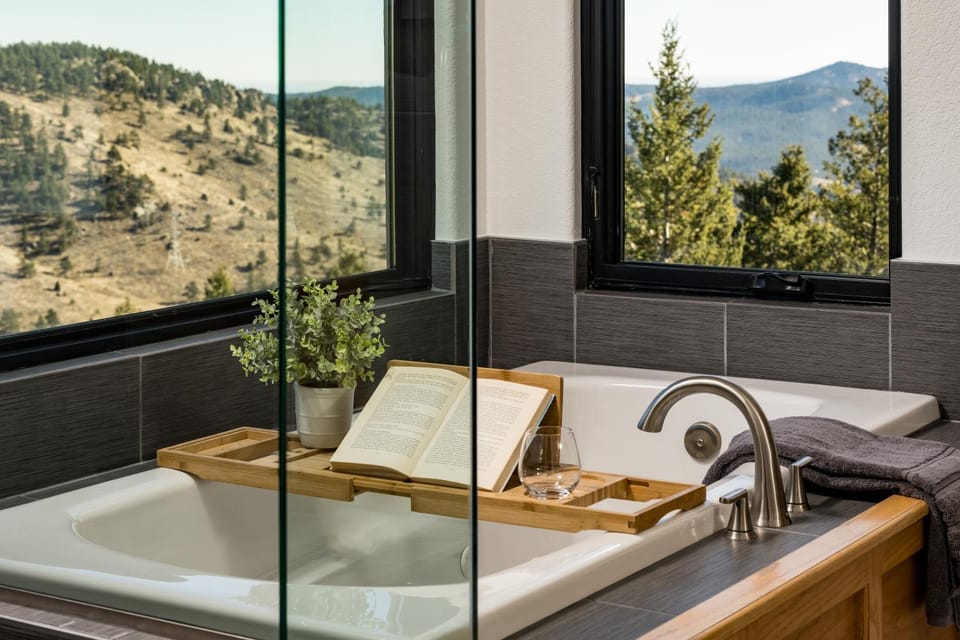 Natural landscape, Bathroom, Mountain view, Bath
