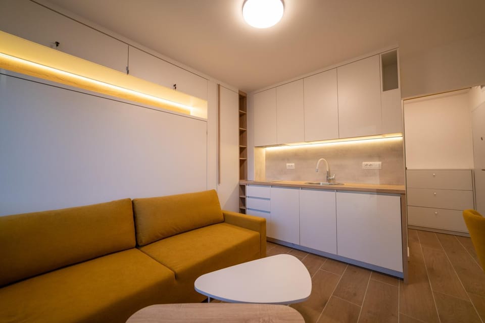 Kitchen or kitchenette, Living room, Seating area