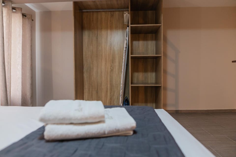 Bed, Bedroom, furniture, towels, wardrobe