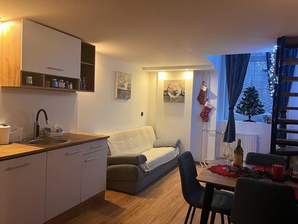 Kitchen or kitchenette, Living room, Seating area, Dining area