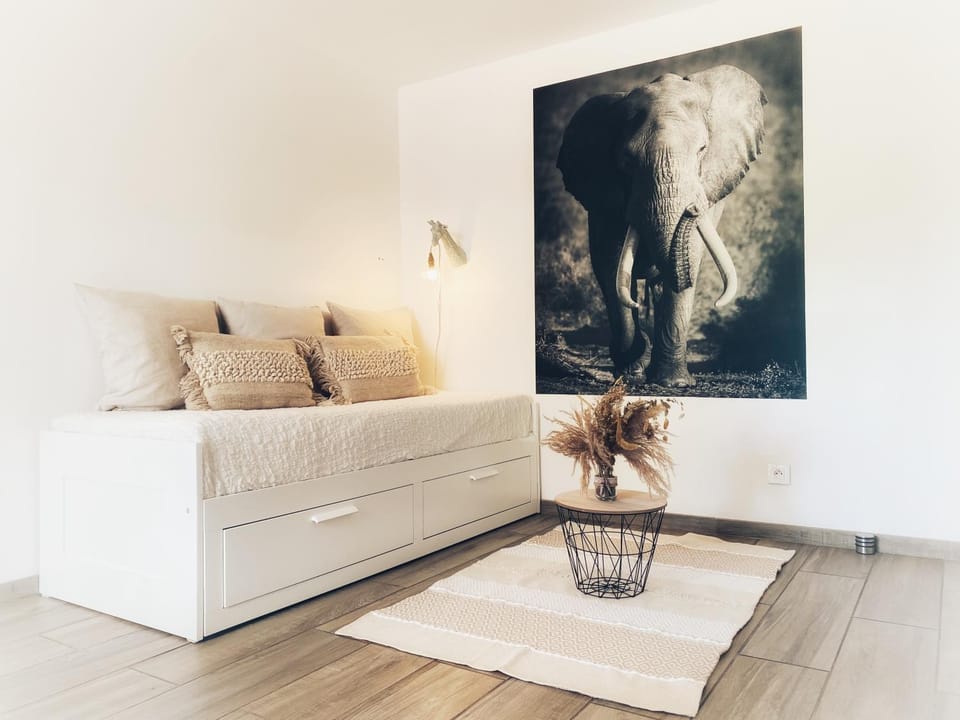 Bed, Living room, Photo of the whole room, Decorative detail, Seating area, Bedroom