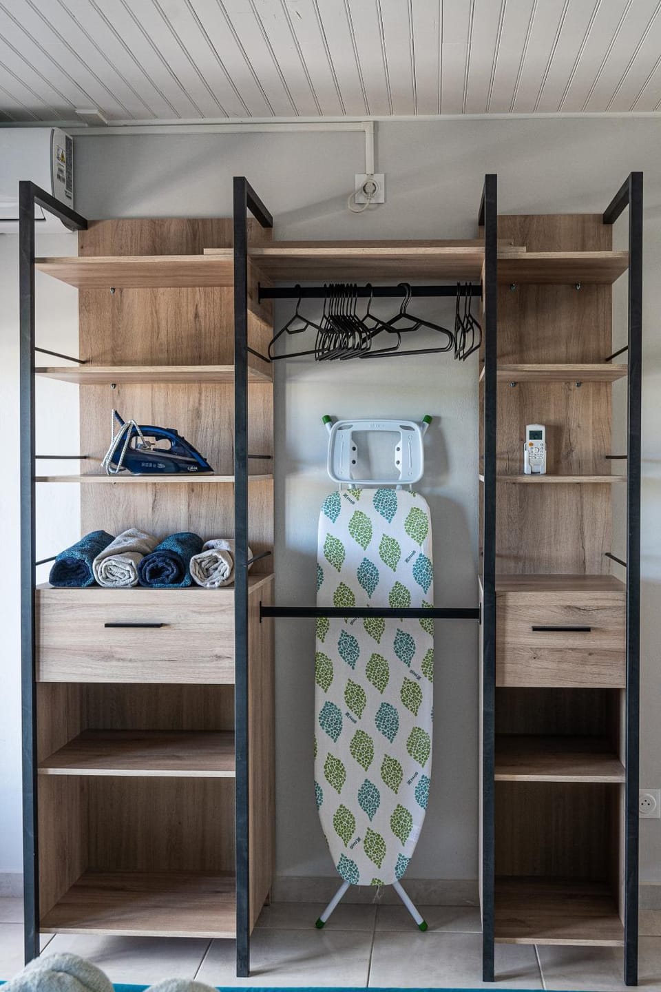 cot, flat iron, storage, wardrobe