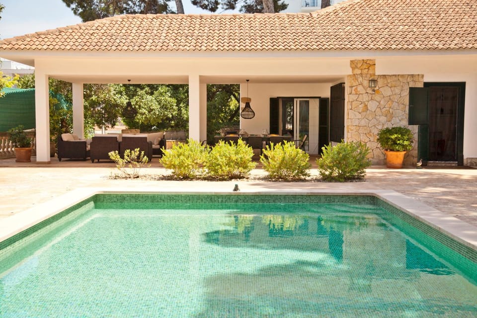 Property building, Patio, Spring, Day, Garden, Garden view, Pool view, Swimming pool