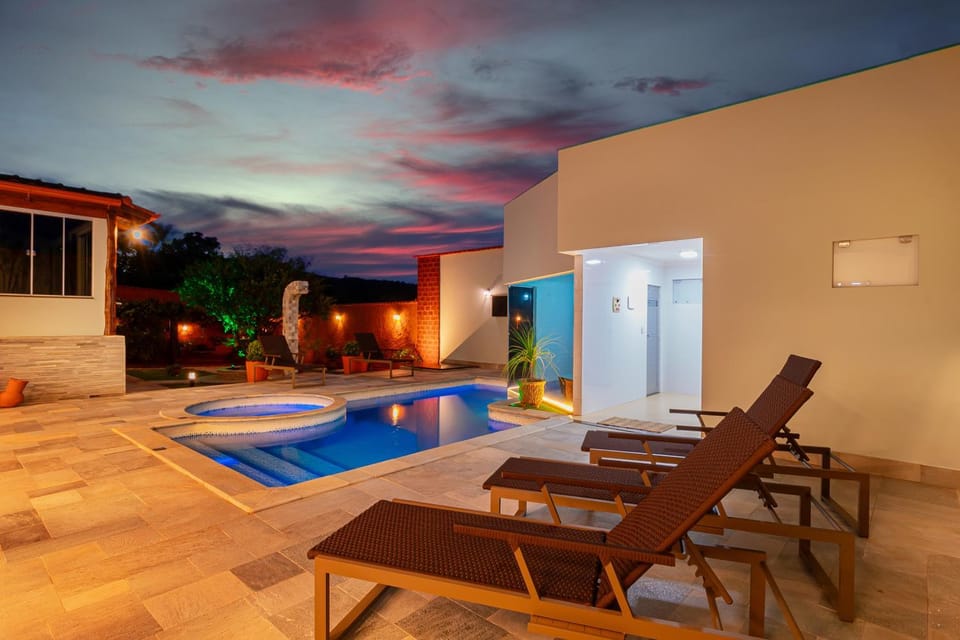 Night, Pool view, Swimming pool, sunbed