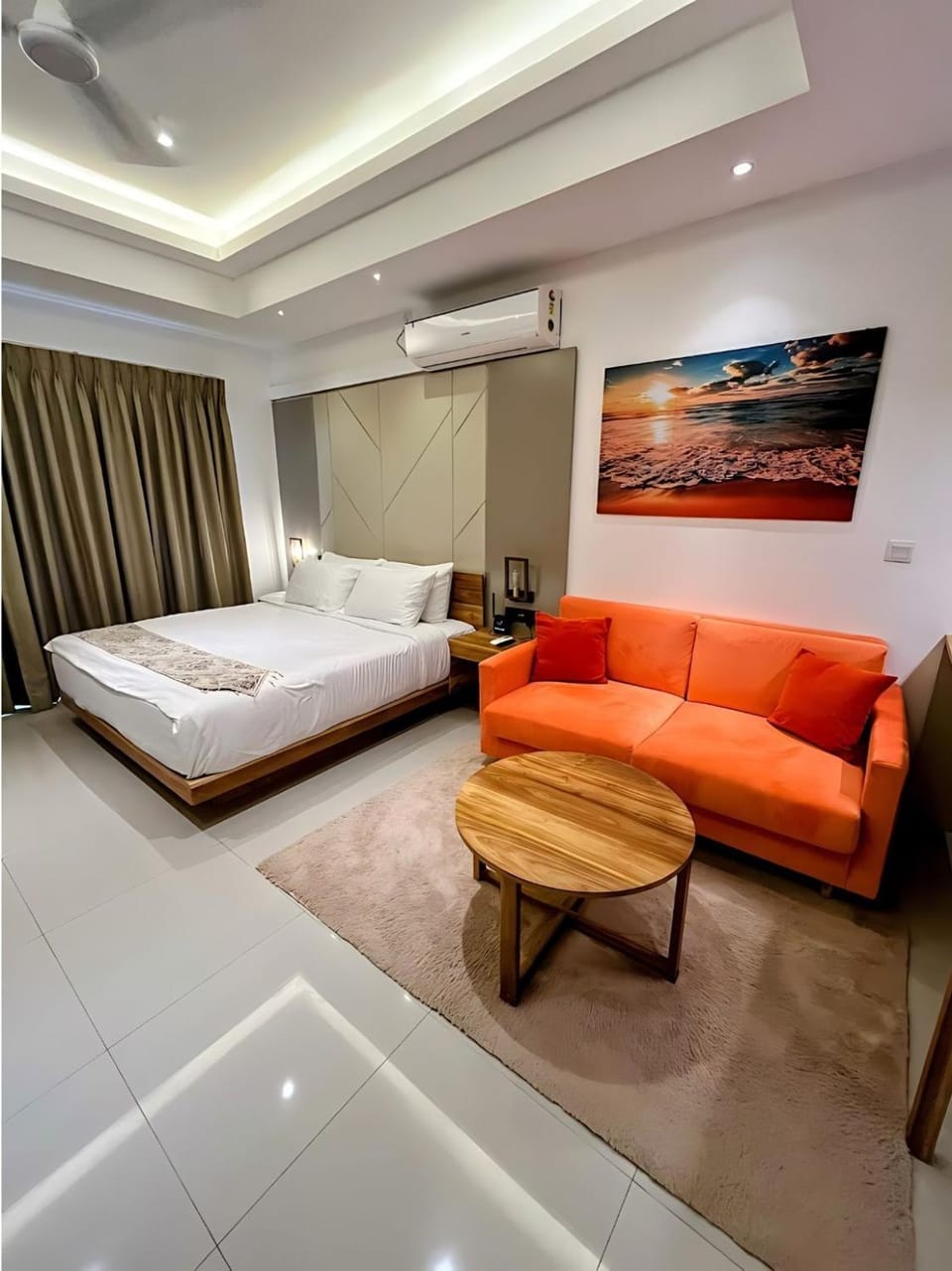 Bed, Living room, Seating area, Bedroom, air conditioner