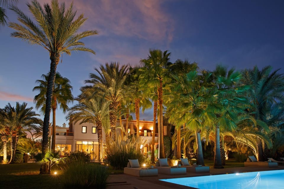 Property building, Night, Garden, Swimming pool