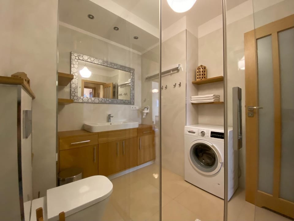Shower, Toilet, Bathroom, towels, washing machine, dryer