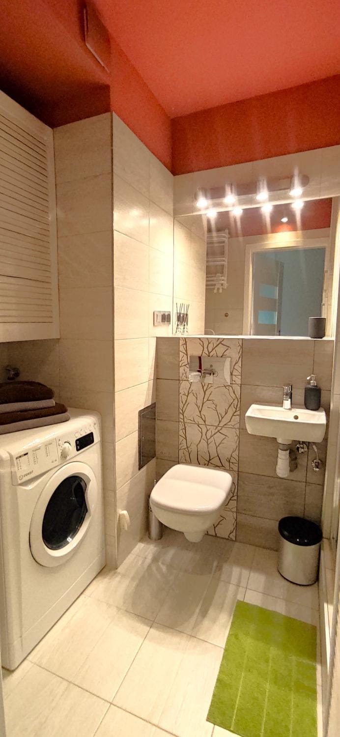 Bathroom, towels, washing machine