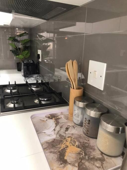 Kitchen or kitchenette, stove
