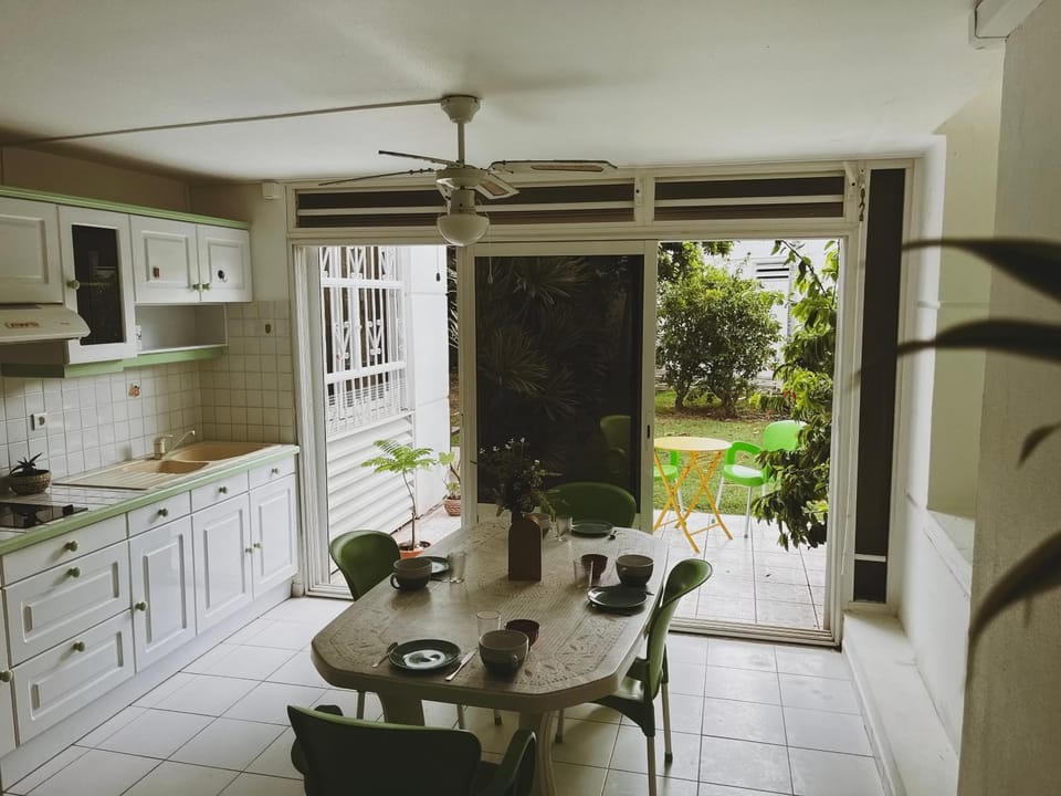 Kitchen or kitchenette, Dining area, fireplace, stove