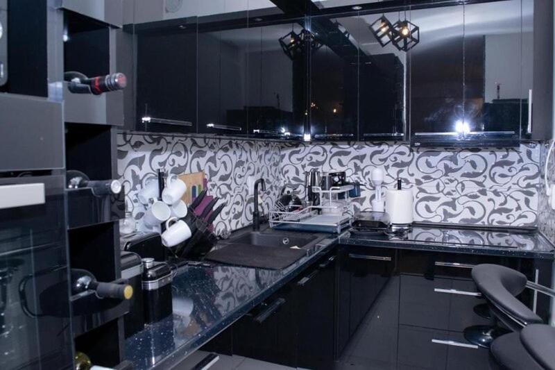 Kitchen or kitchenette, stove