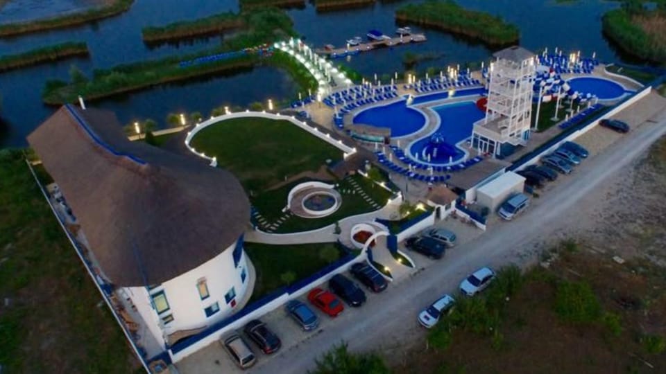Property building, Bird's eye view, Swimming pool, Sunset