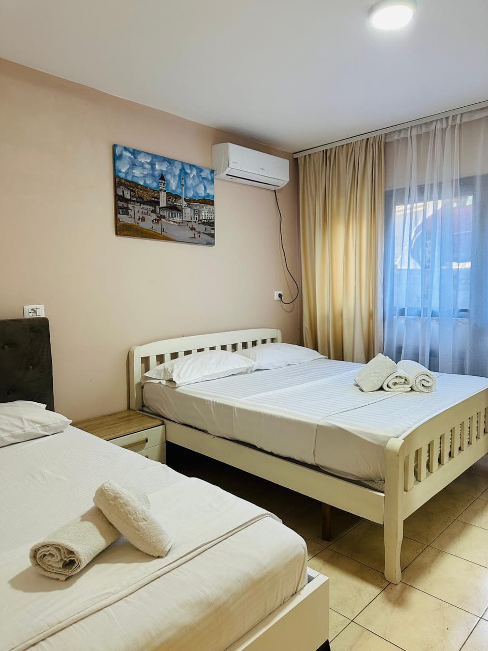 Photo of the whole room, Bedroom, towels, air conditioner