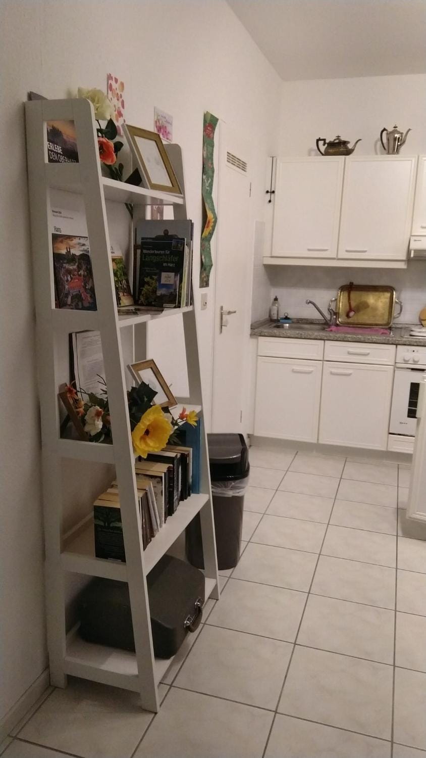 Library, kitchen