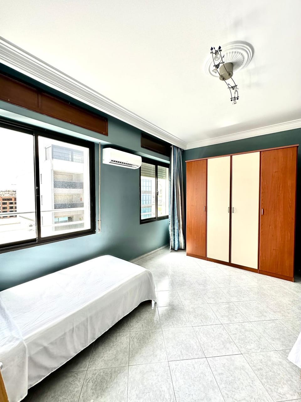Bed, Bedroom, City view, wardrobe