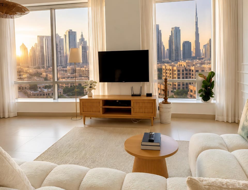 Living room, City view, Sunset