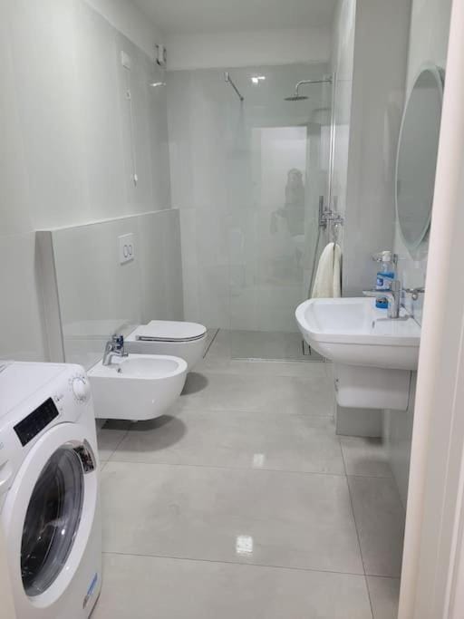 Shower, Toilet, Bathroom, bidet, towels, washing machine