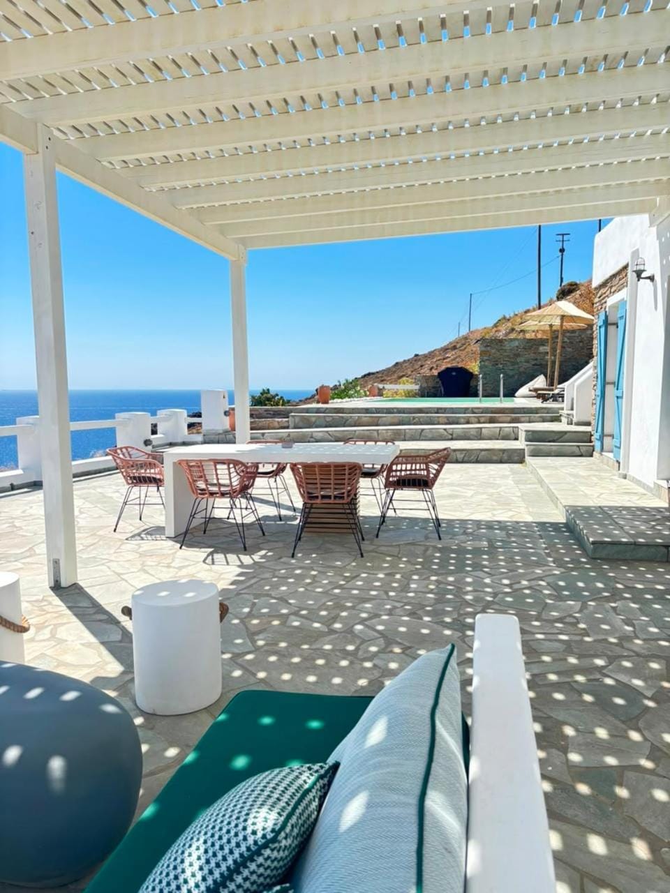 Patio, Day, Natural landscape, View (from property/room), Balcony/Terrace, Living room, Seating area, Dining area, Sea view, Swimming pool, sunbed