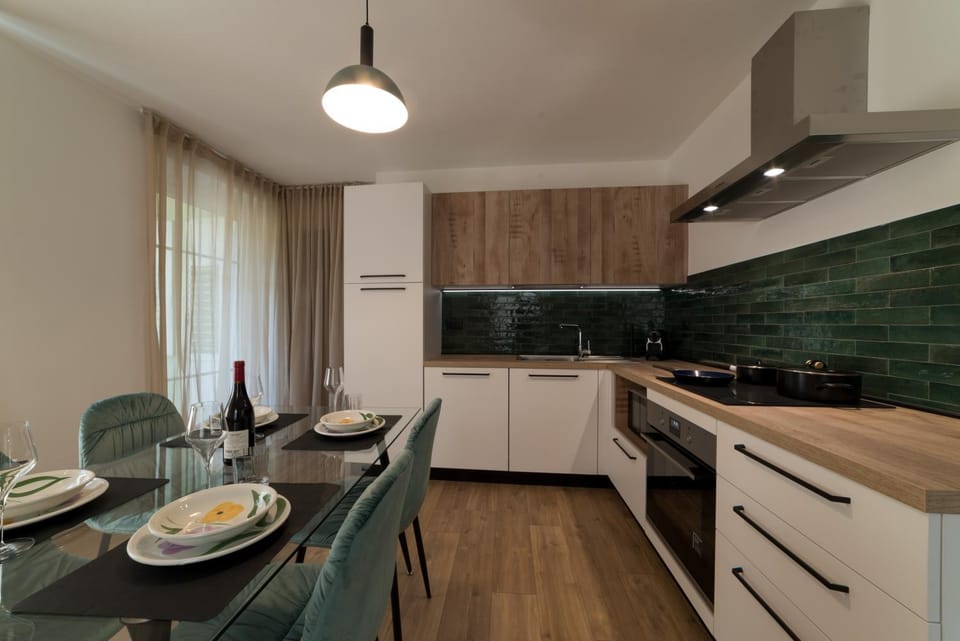 Kitchen or kitchenette, dishwasher, stove