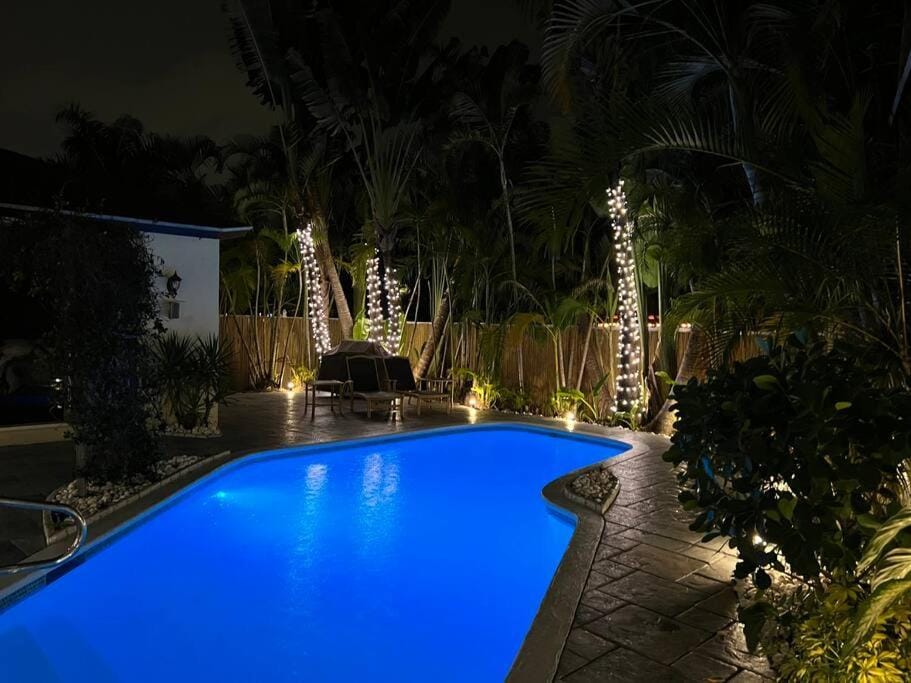 Night, Pool view, Swimming pool