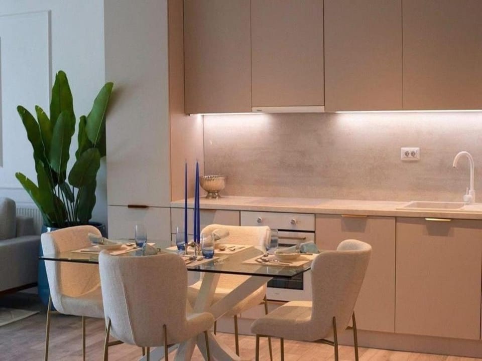 Kitchen or kitchenette, Living room, Seating area, Dining area, stove