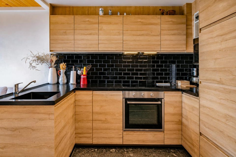 Kitchen or kitchenette, stove