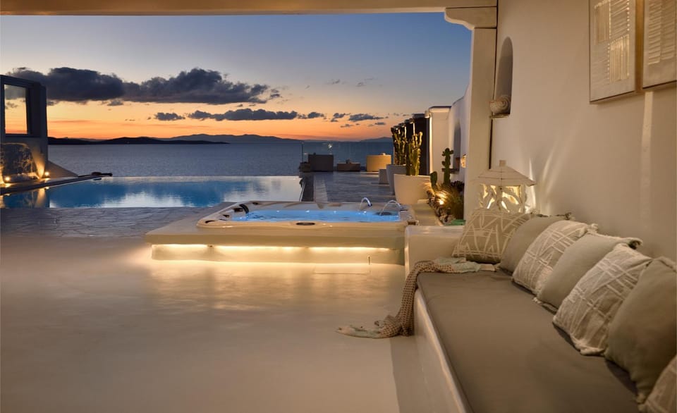 Mykonos Sea&Sunset view villa pool-hot tub by Calypso Sunset Villas Villa in Mykonos, Mikonos 846 00, Greece