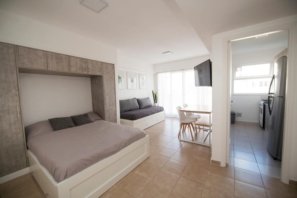 Bed, kitchen