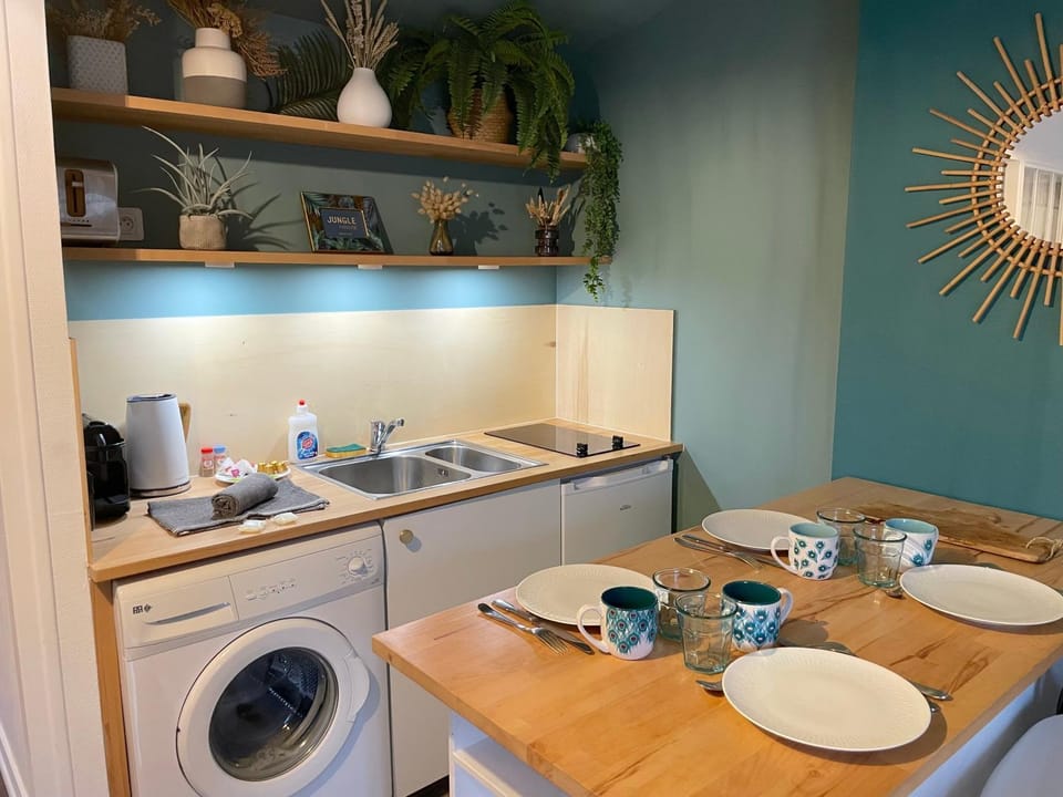 Kitchen or kitchenette, Dining area, stove, washing machine