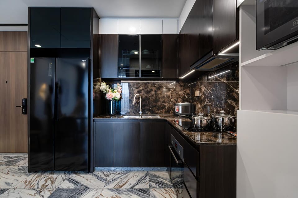 Kitchen or kitchenette, stove