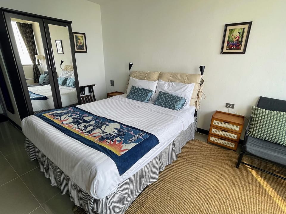 Bed, wardrobe